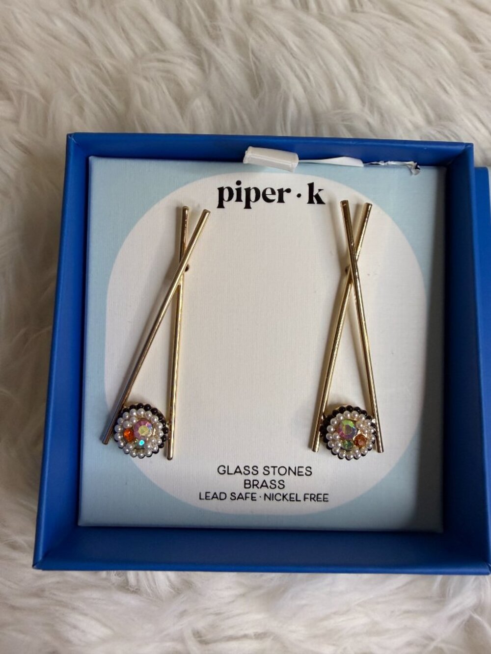 Piper K Sushi Chopstick Earrings Jeweled Glass Stone Gold Tone NWT